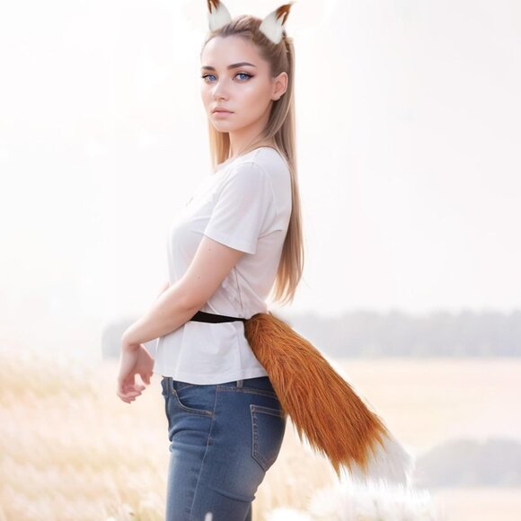 🆕 Women Brown Faux Fur Wolf Fox Tail Clip Ears Kit Halloween Animal Costume Set - Picture 5 of 7